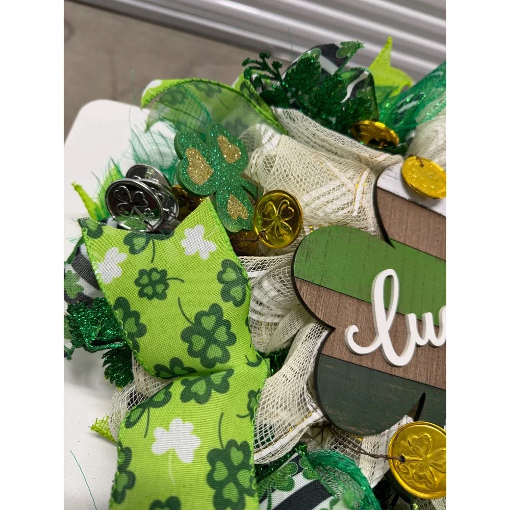 Handmade St Patricks Day Wreath Lucky Shamrock Deco Mesh Green Gold 18 Inch